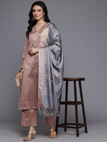 Varanga Women Jacquard Peach Gota Embellished Kurta With Bottom And Dupatta